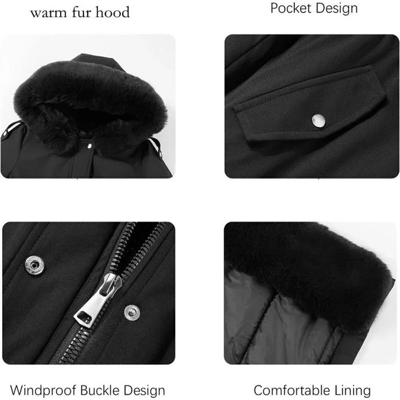 Women Polyester Fiber Long Collar Hooded Thermal Fur lined Belted Puffer Coat - Picture 5 of 6